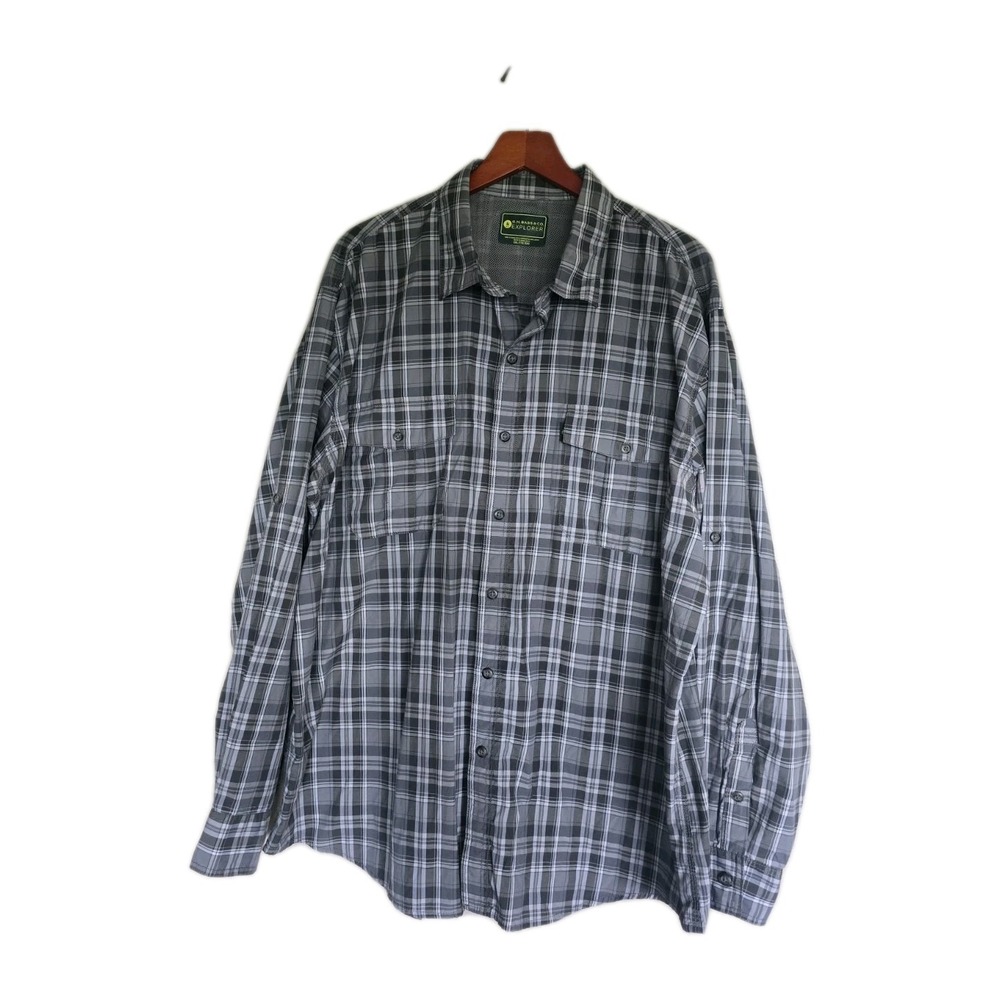 GH Bass Explorer Sportsman Shirt Mens XXL Gray Plaid Long Sleeve Roll Tab UPF 40